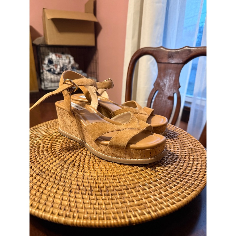 Steve Madden Tan Suede Cork Platform Wedge Sandals Ankle Strap Womens 8M